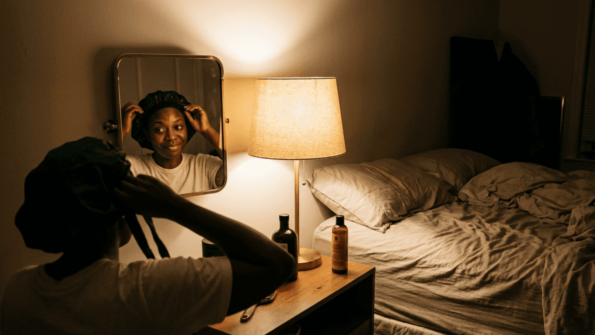 A Black woman tying a satin bonnet at her bedroom mirror in warm lamplight