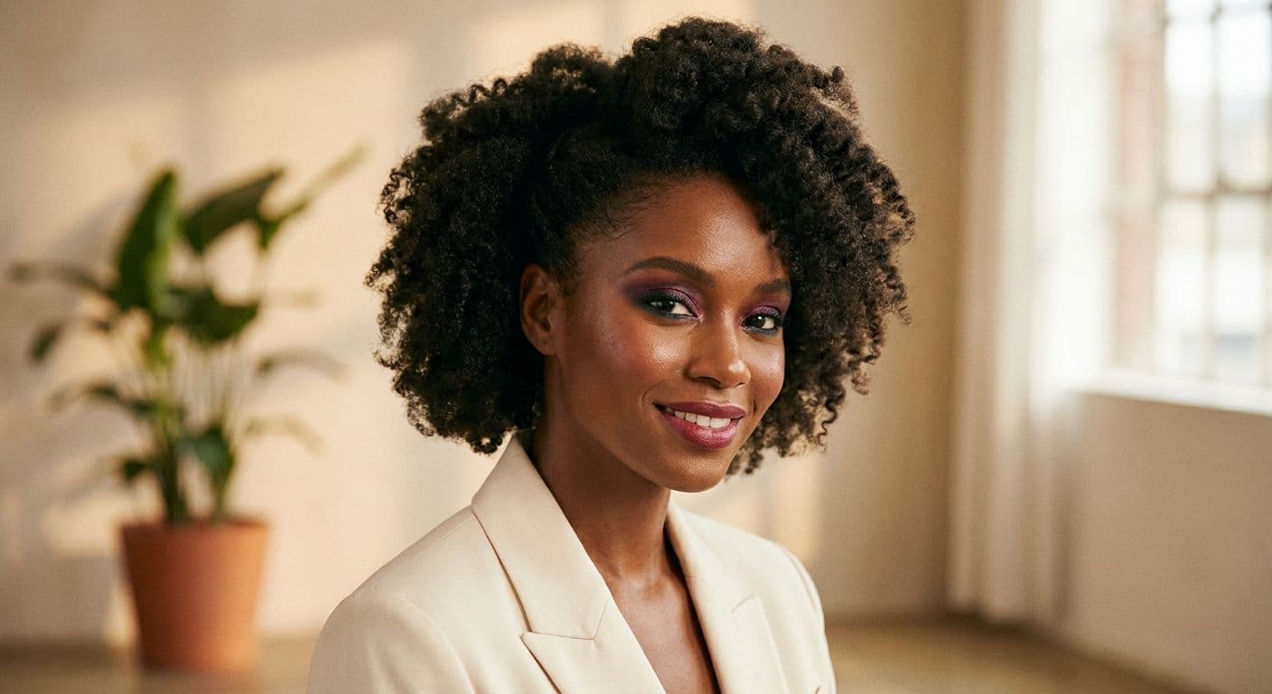 A beautifully styled black woman with natural textured hair, showcasing a stunning bold makeup look with vibrant colors, smiling confidently in a well-lit setting, embodying elegance and uniqueness.